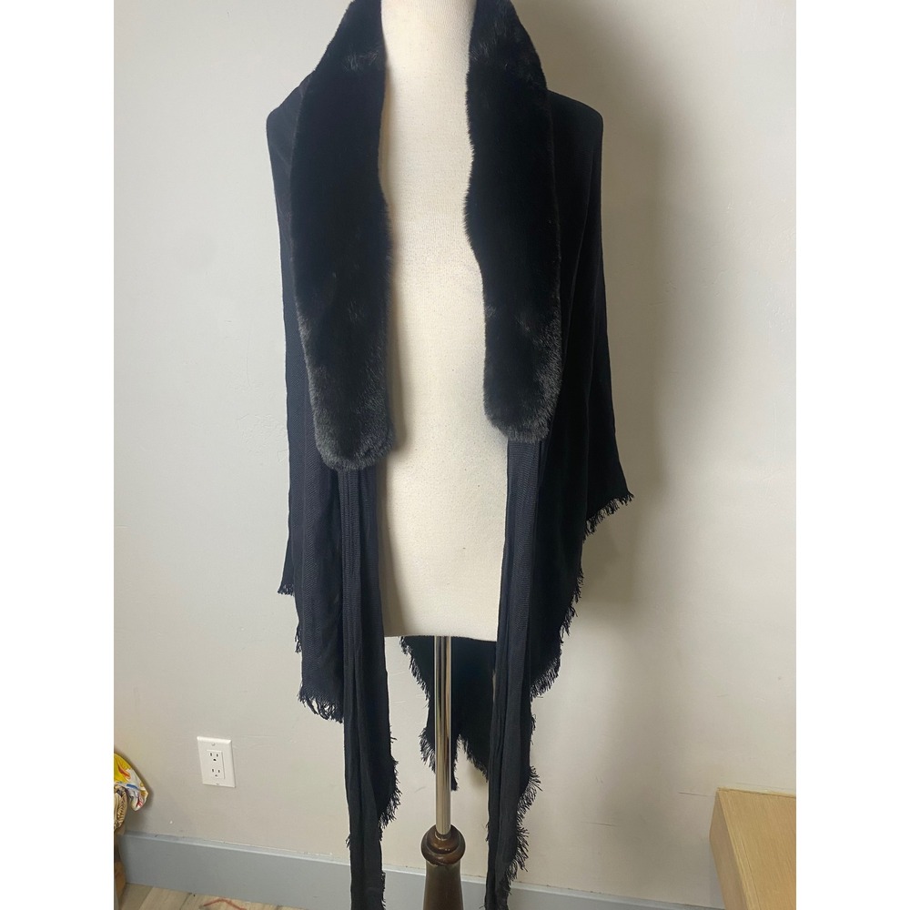 Black Faux Fur Collar Wrap Shawl Fringe Trim Open Front Poncho Viscose One Size